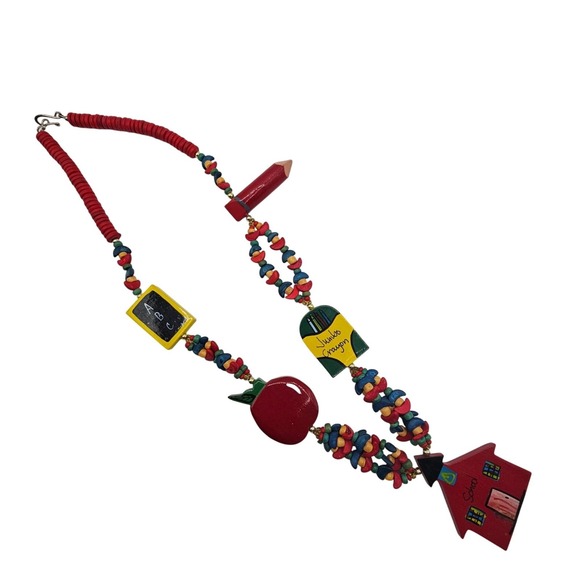 Vtg Handmade Wood Beaded 25" Necklace Schoolhouse Painted Teacher Gift Colorful - Picture 6 of 10